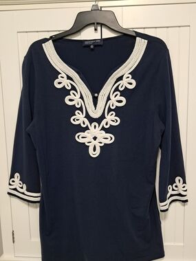 Jones New York Navy Tunic with White Loop Embroidery XL Nautical